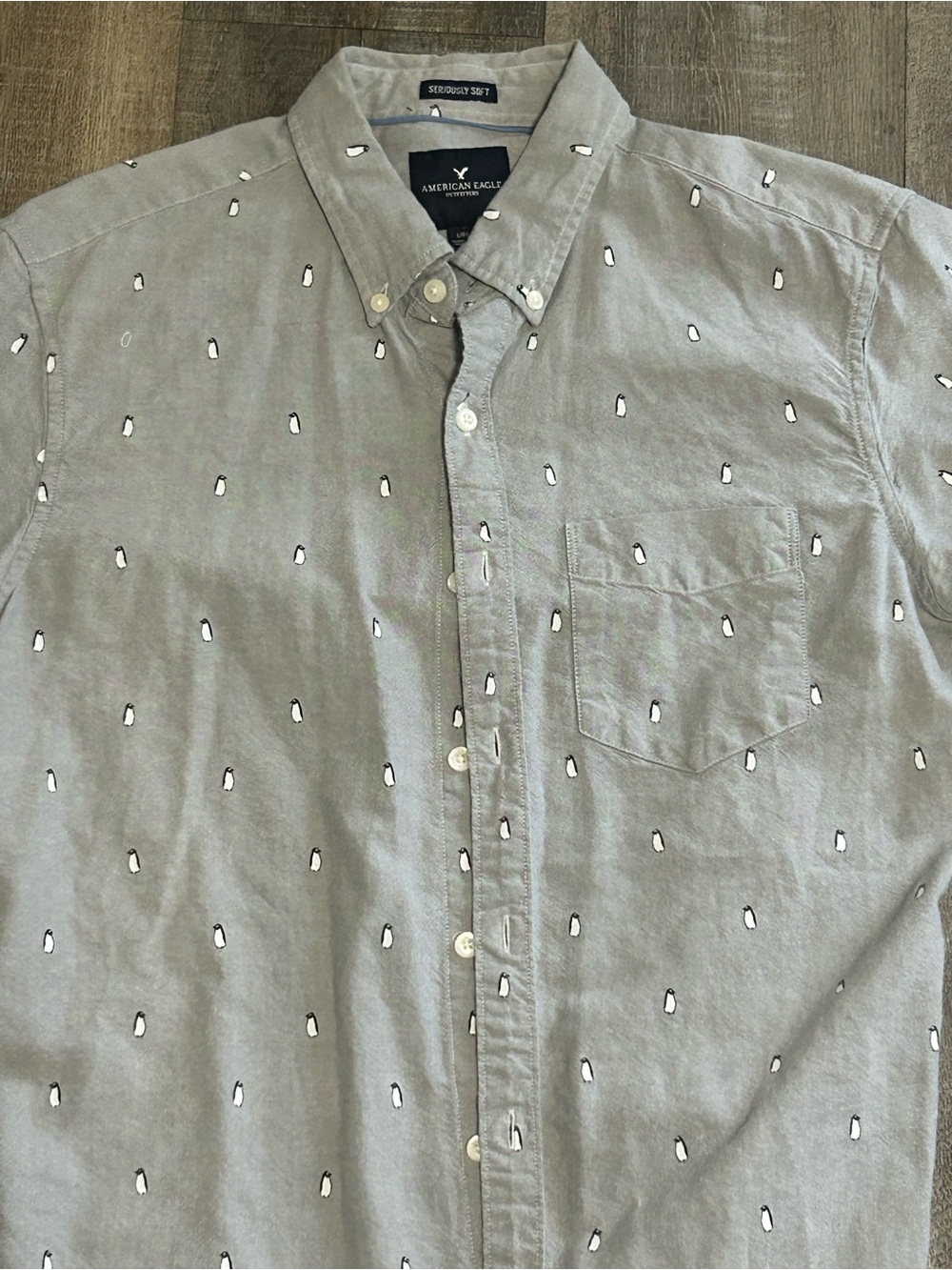 American Eagle Outfitters Gray Button-Down Shirt with Penguin Print